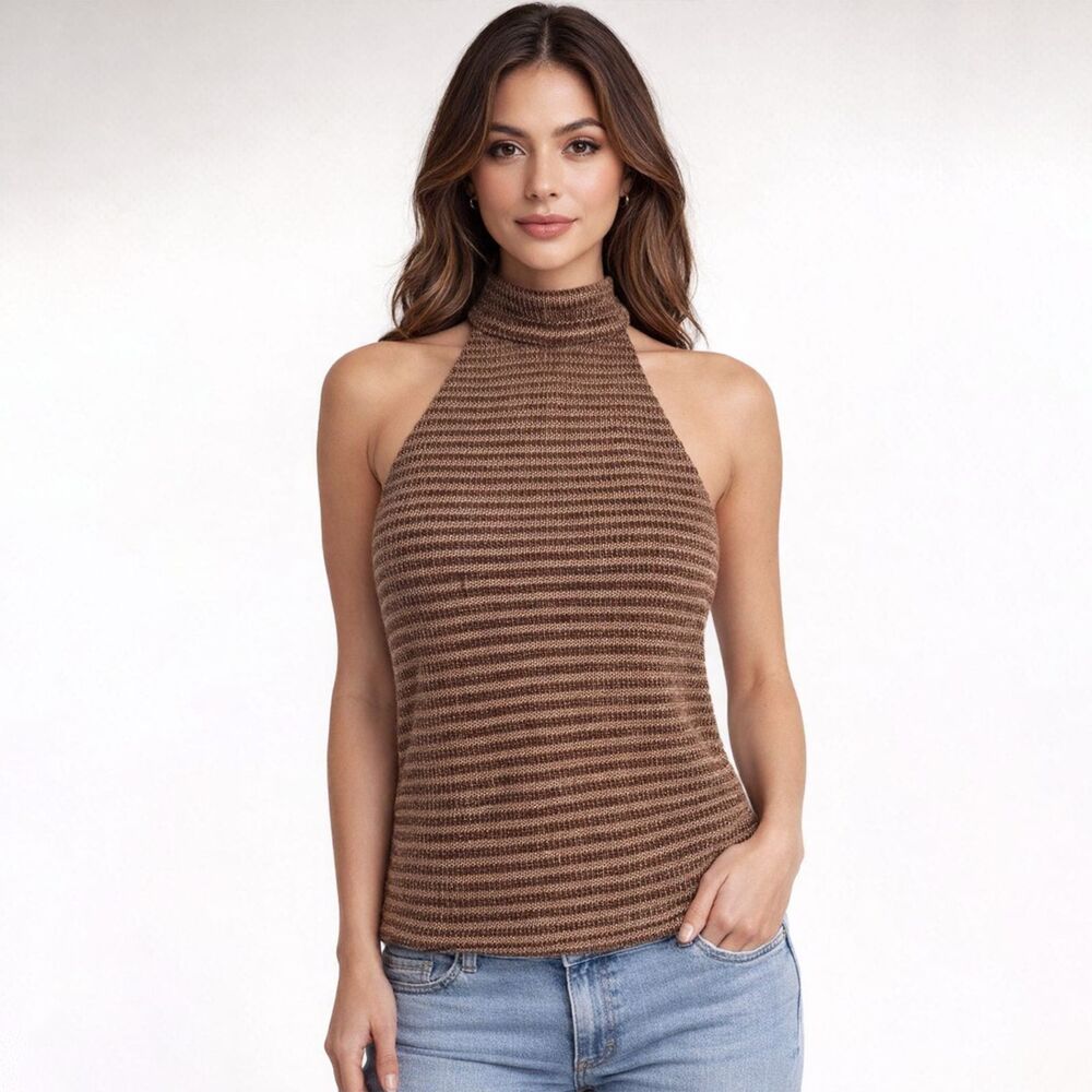 Privacy Please Halter Top Womens Medium Ribbed Knit Lined Chic